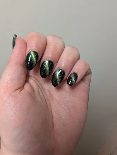 Short midnight green cat-eye nails by Top 10 Nails Spa