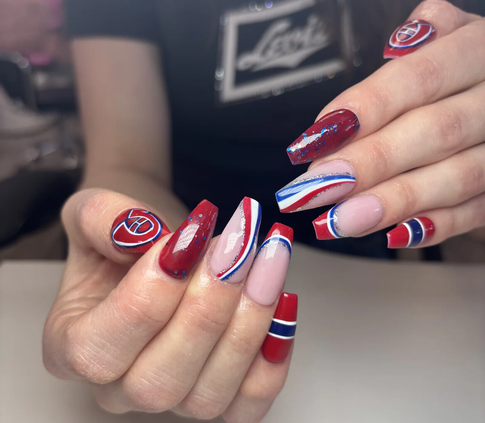 Red white and blue maple inspired manicure by Top Ten Nails Spa
