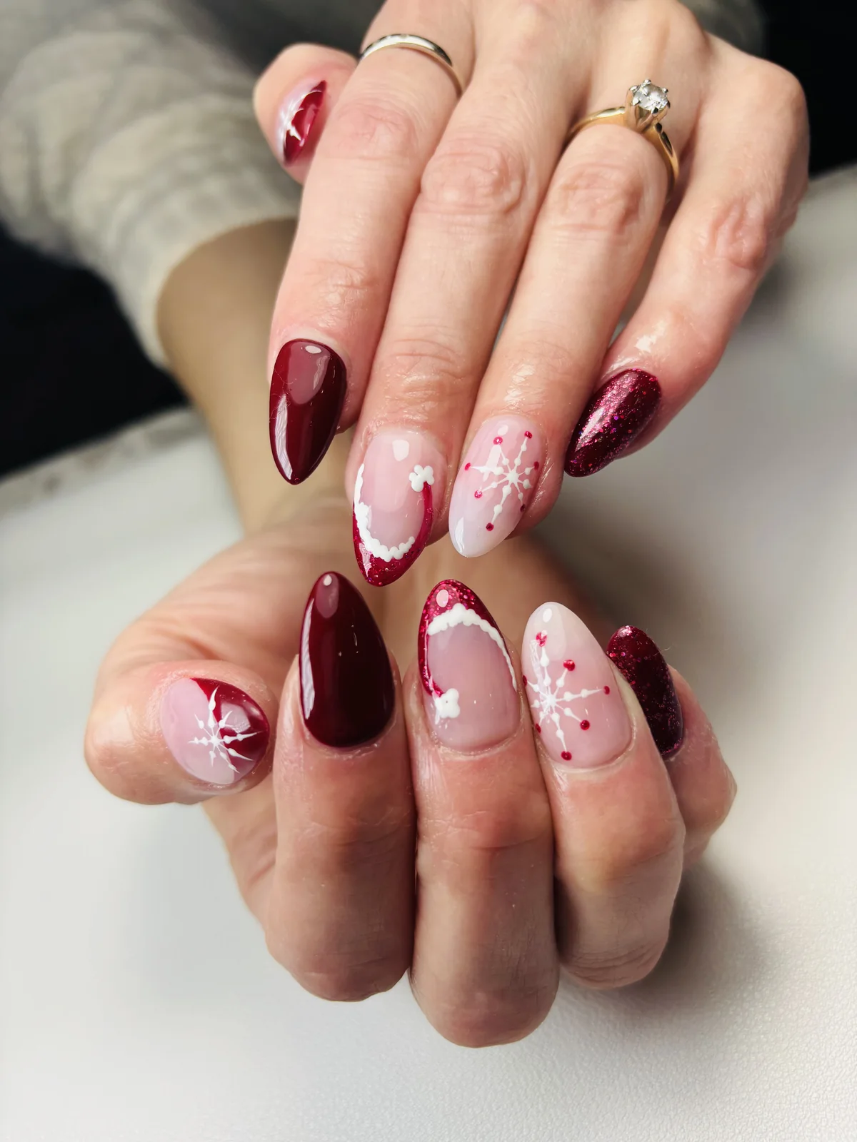 Red and pink Valentine heart nail art by Top Ten Nails Spa