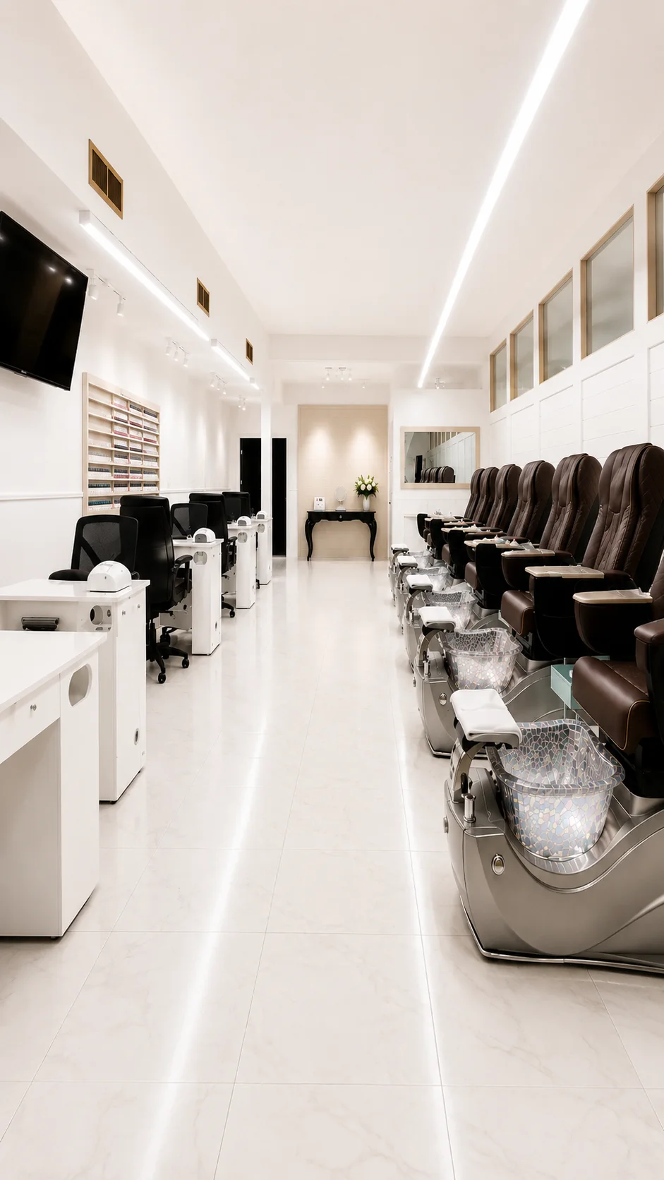 Centered view through the manicure and pedicure stations toward the entrance at Top 10 Nails Spa