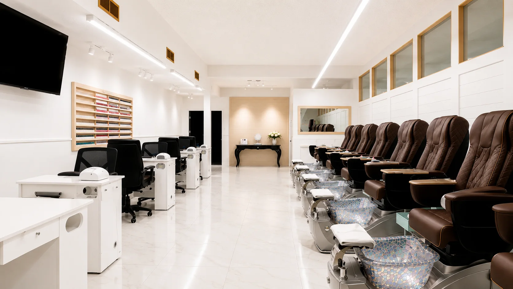 Alternate wide view of the bright manicure and pedicure floor at Top 10 Nails Spa