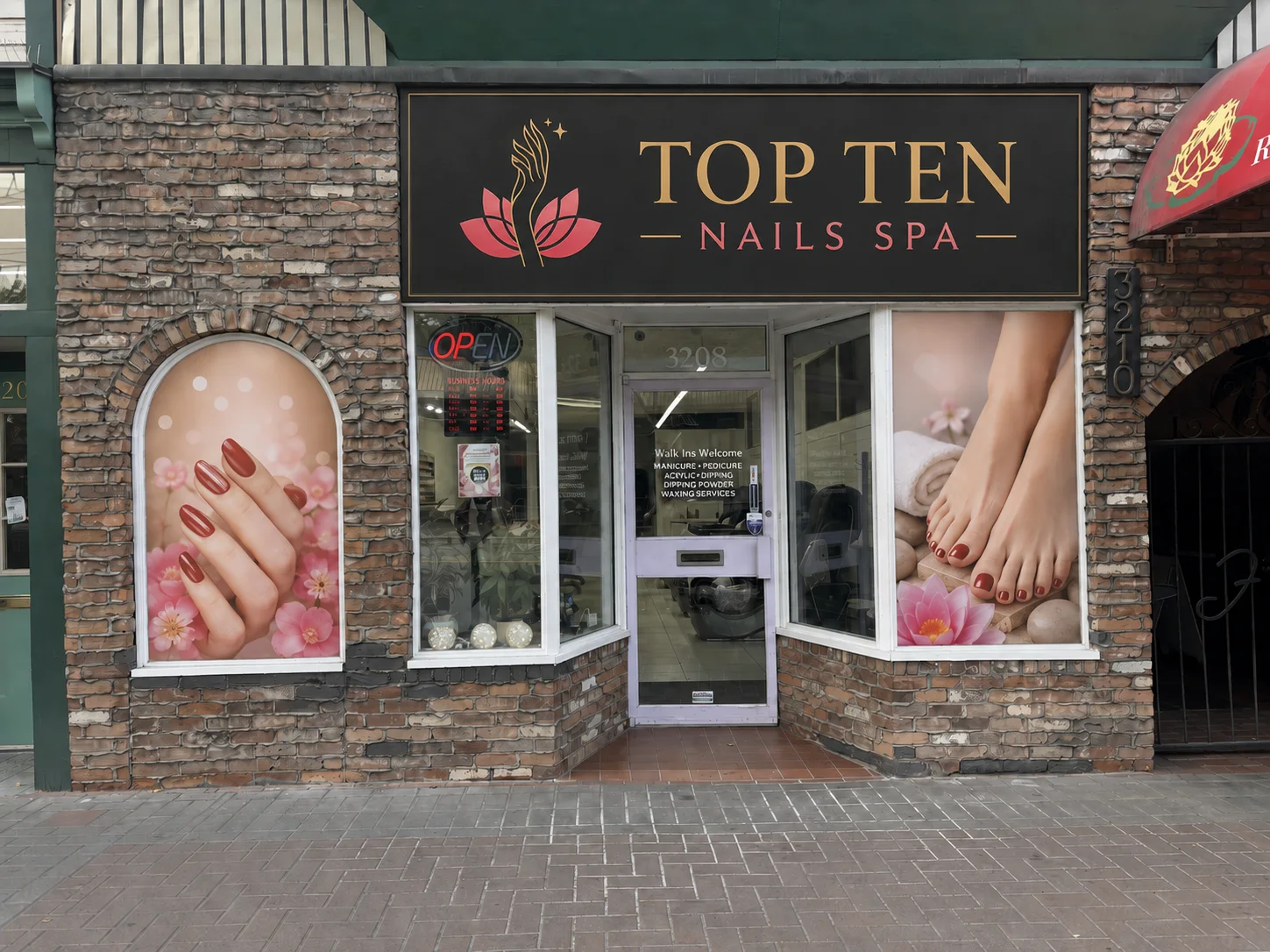 Street entrance and Top Ten Nails Spa storefront at 3208 30th Avenue in Vernon